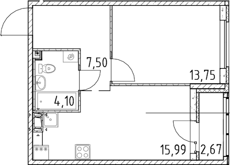 1-комнатная квартира 41.34 м², 16/17 эт., ЖК «Город Первых»